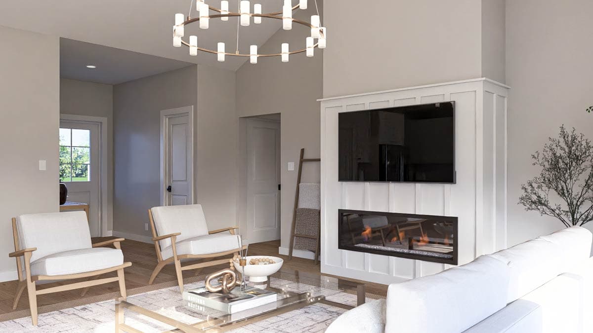 Interior rendering of a great room with fireplace, built-in television, vaulted ceiling, and modern chandelier.