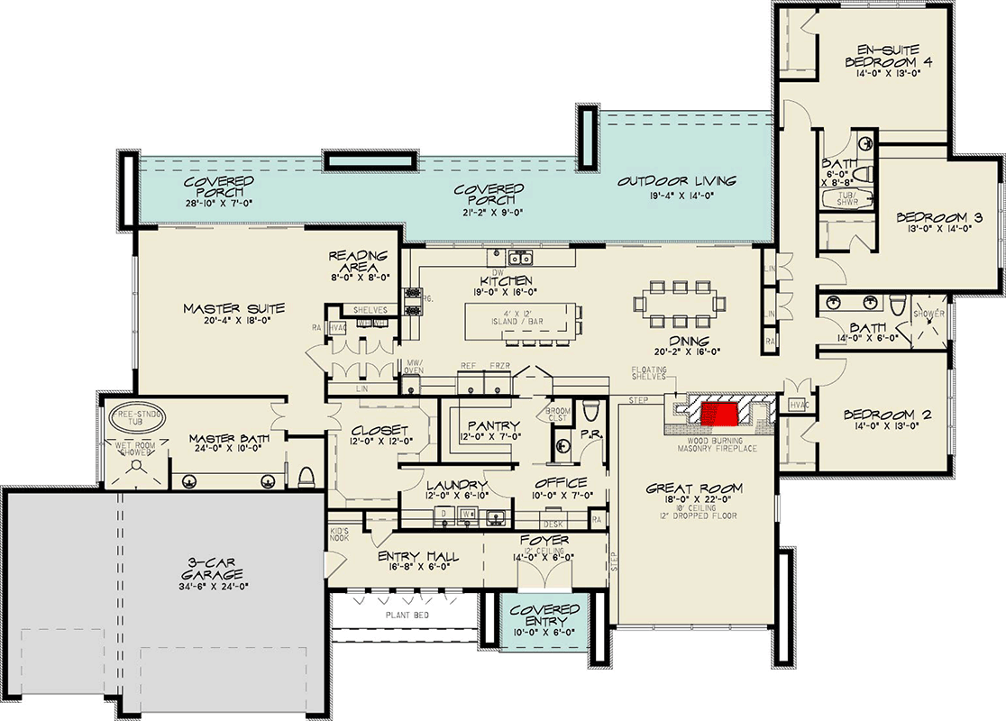 Plan 700504SND: Single-Story Prairie House Plan with Vaulted Great Room - 3687 Sq Ft - Floor Plan - Main Level - Contemporary, Prairie