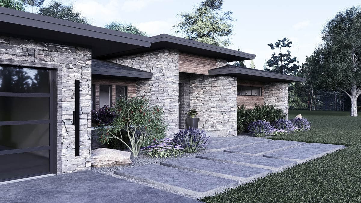 House plan exterior with stacked stone facade, flat rooflines, modern garage door, and stone pathway.
