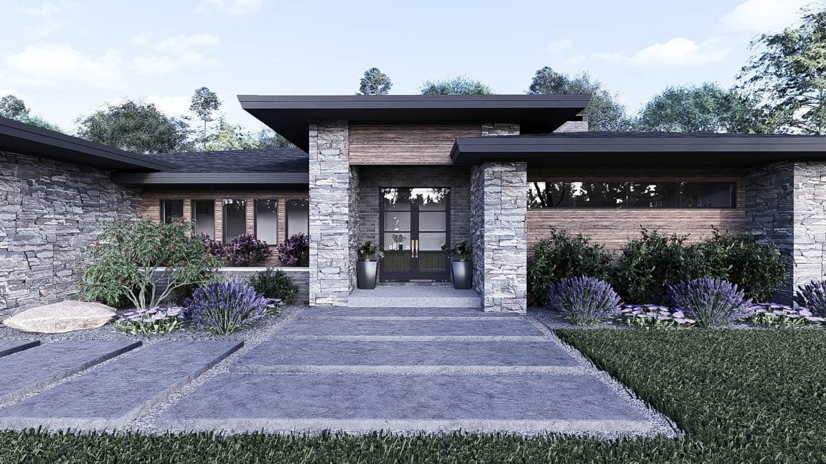 House plan exterior. Modern style with stone and wood facade, flat roofline, and prominent entry.