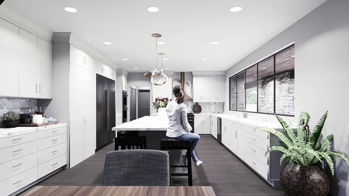 Modern kitchen rendering with large island, white cabinets, marble countertops, and a long window bank overlooking stone exterior.