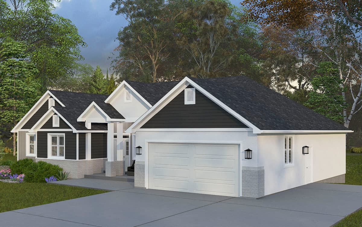 House plan exterior with a Modern Farmhouse style. Features gables, a two-car garage, and layered rooflines.