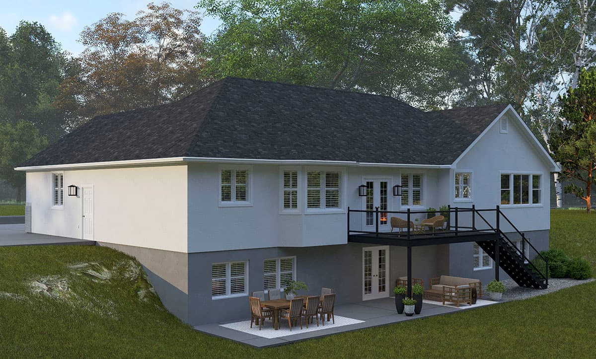 House plan exterior: two-story house with a gable roof, deck with stairs, and walk-out basement patio.