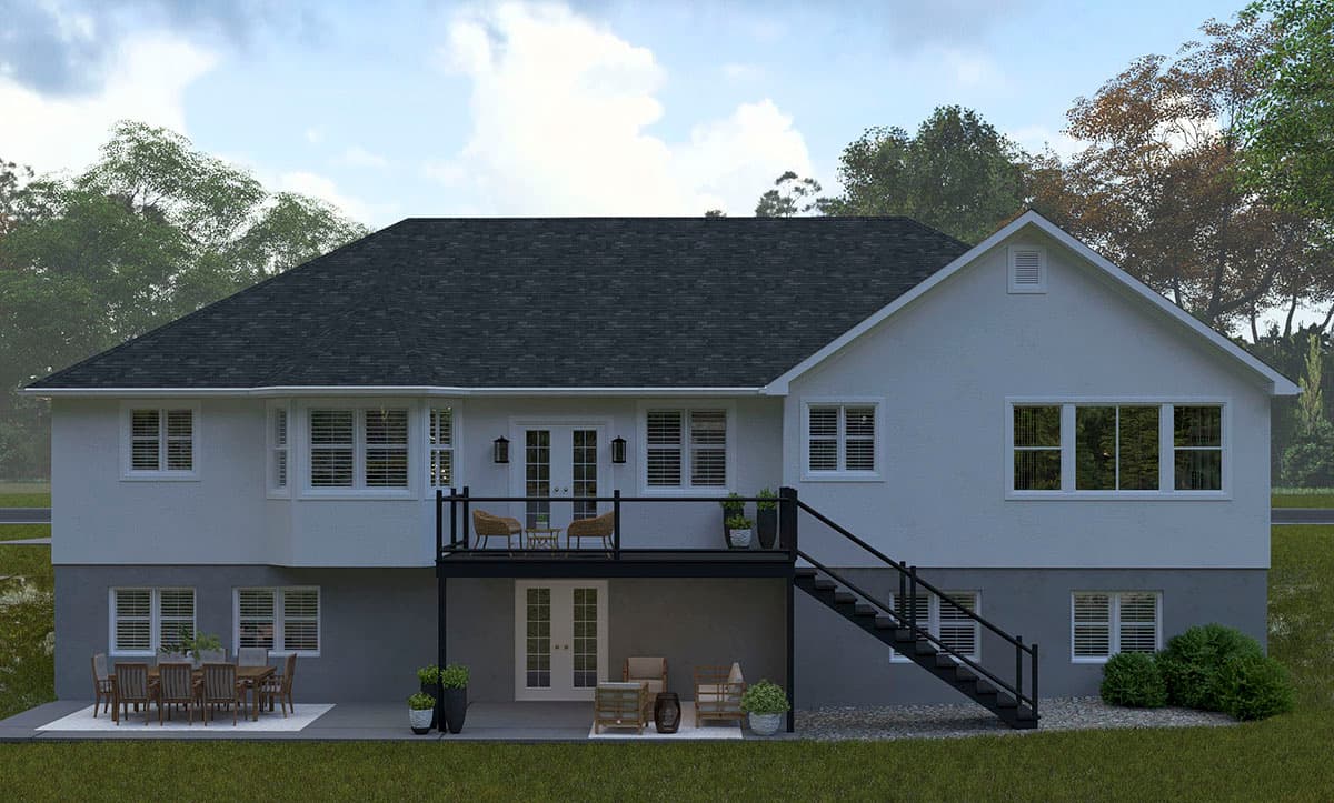 House plan exterior view of a two-story home with a large hip roof, deck, and walk-out basement.