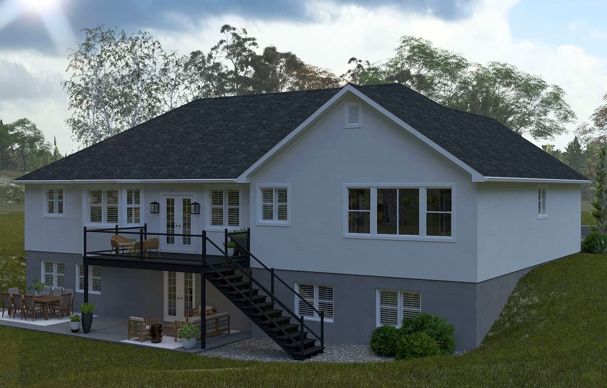House plan exterior: two-story Modern Farmhouse with deck, patio, and multiple windows.