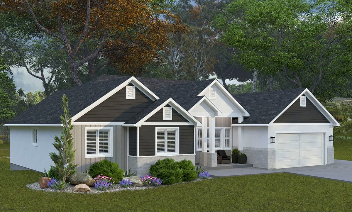 House plan exterior: Ranch-style home with gabled dormers, a covered entry with columns, and an attached two-car garage.