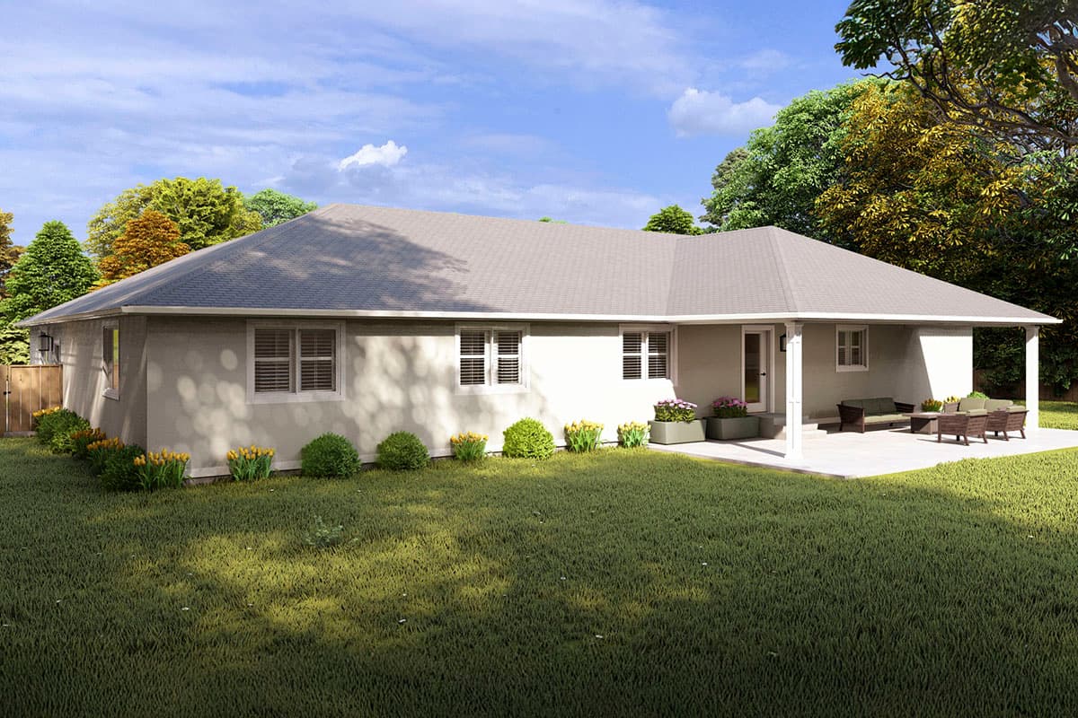 Ranch style house plan exterior. One story with a hip roof, covered patio, and double-hung windows.