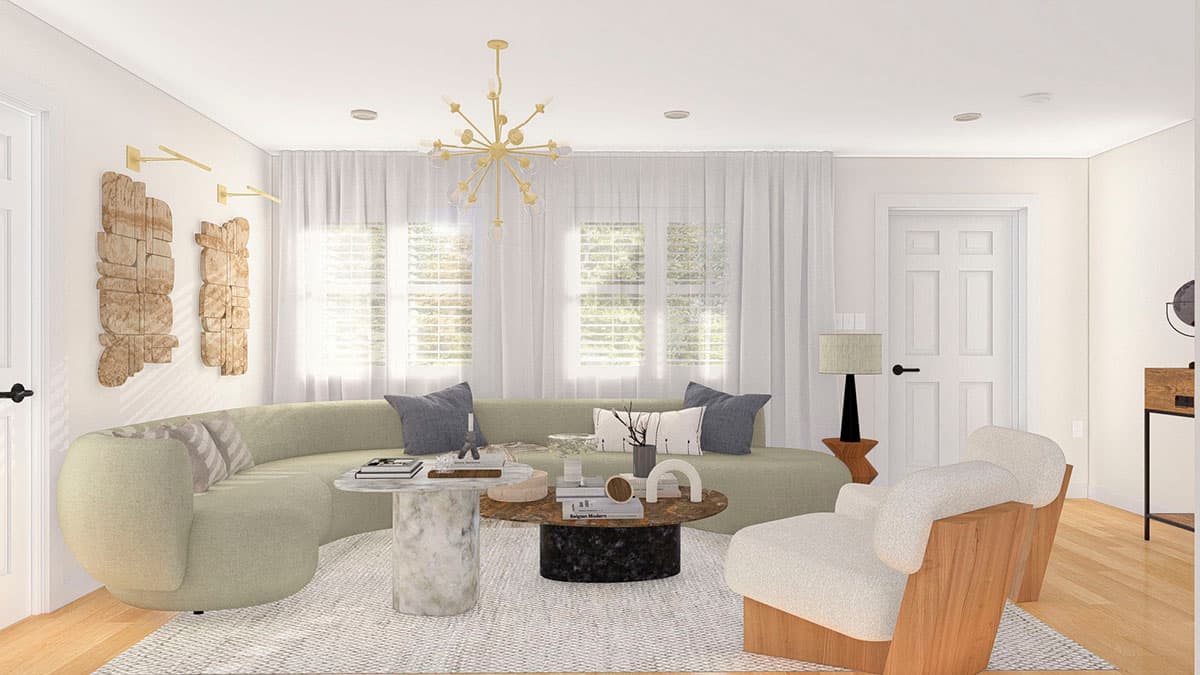 Living room rendering with a curved sectional sofa, dual coffee tables, two chairs, and a Sputnik chandelier.