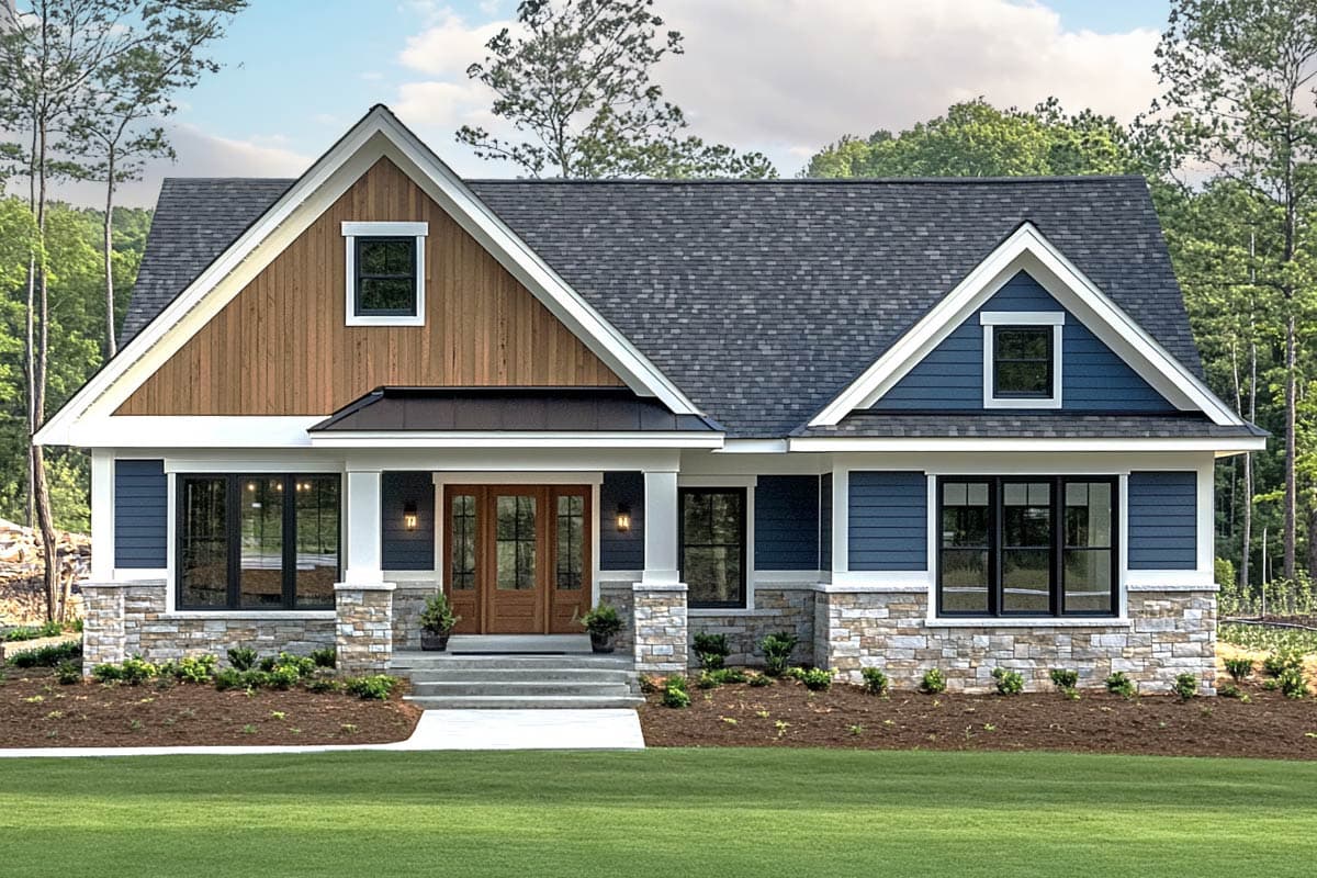 A craftsman-style house with a multi-toned facade, featuring wood and blue siding, stone accents, and a welcoming front entrance with double doors.