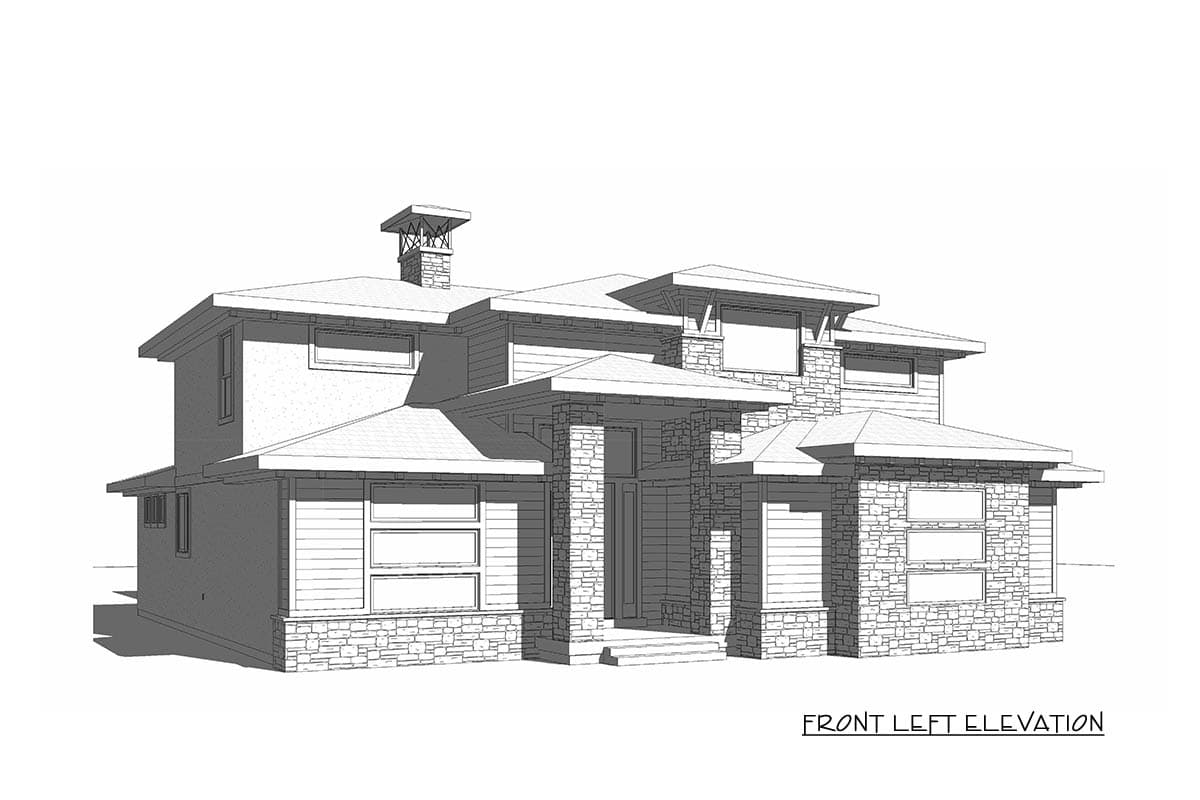 Front left elevation of a two-story house with stone and shingle siding, wide eaves, and a prominent chimney.