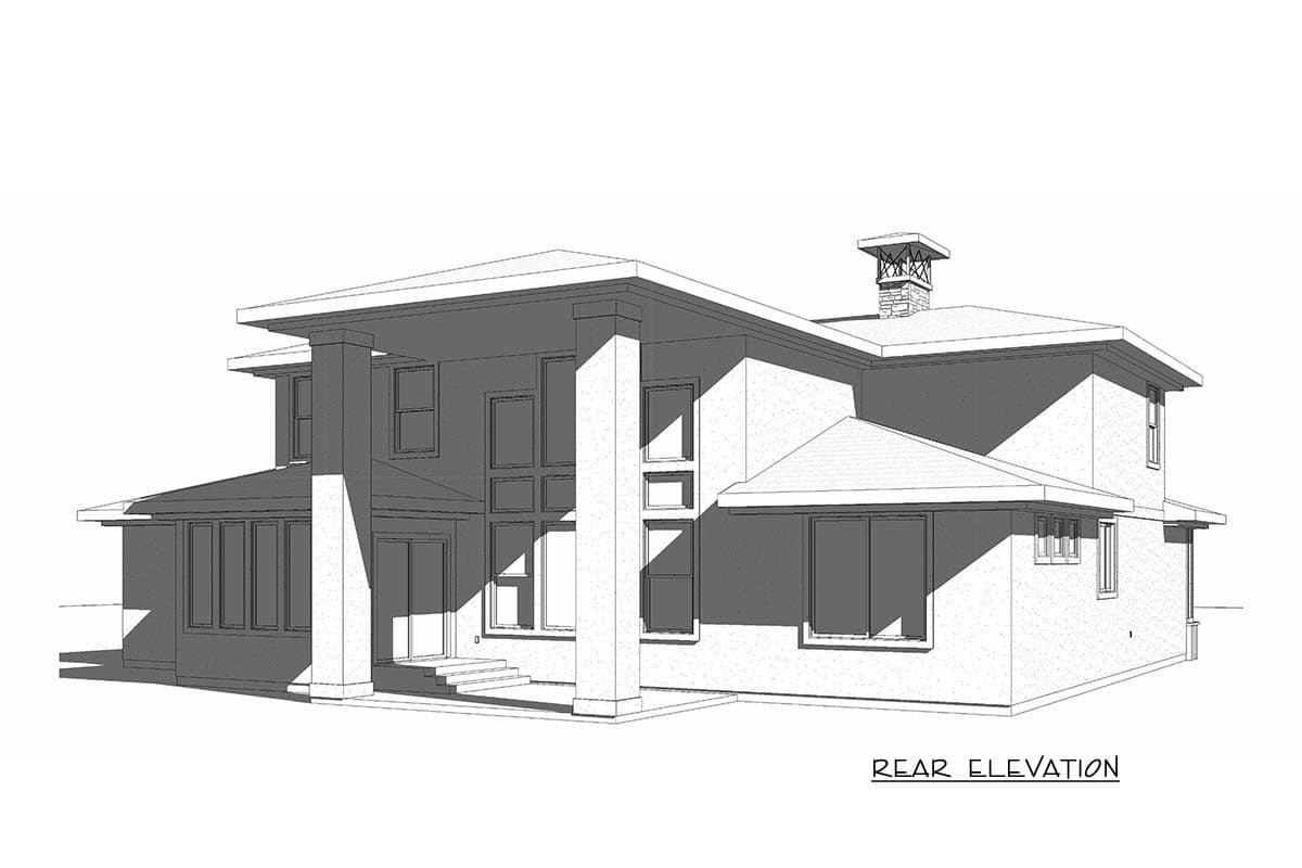 Rear elevation of a two-story house plan featuring a covered porch, hip roofs, a prominent chimney, and numerous windows.