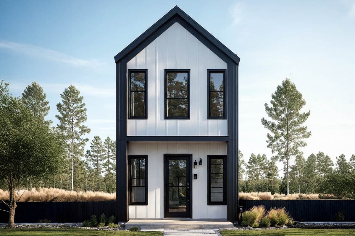House plan exterior. Two-story modern house with a gable roof, black trim, and large windows. Includes a front door and a small porch.