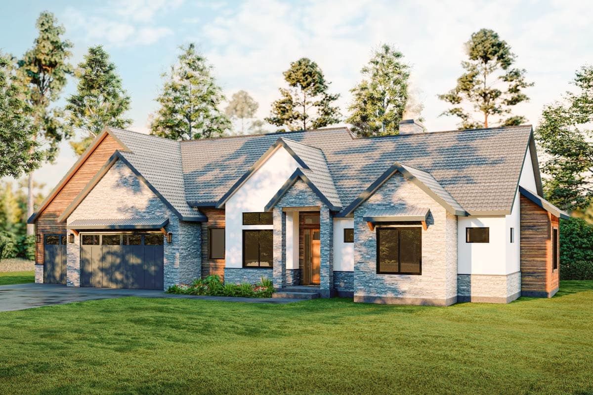 House plan exterior. One-story modern house with gabled roof, stone and wood siding, and attached garage. Includes covered entry and multiple gables.