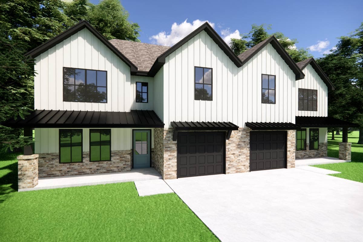 House plan exterior: Modern Farmhouse style, two-story, white board and batten siding, stone accents, metal awnings, and double garage.