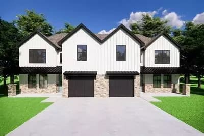 Modern Farmhouse Duplex House Plan with Two 2-Bed, 2-Bath, 1-Car Garage Units