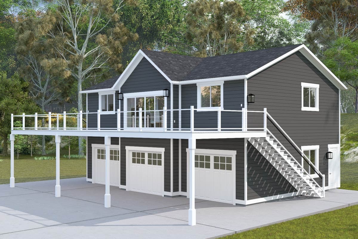 House plan exterior: Two-story home with three-car garage, large deck, and gabled roof.