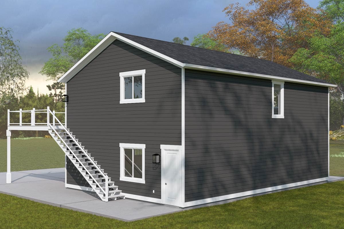 House plan exterior of a two-story modern home with dark siding, white trim, a deck, and external stairs.