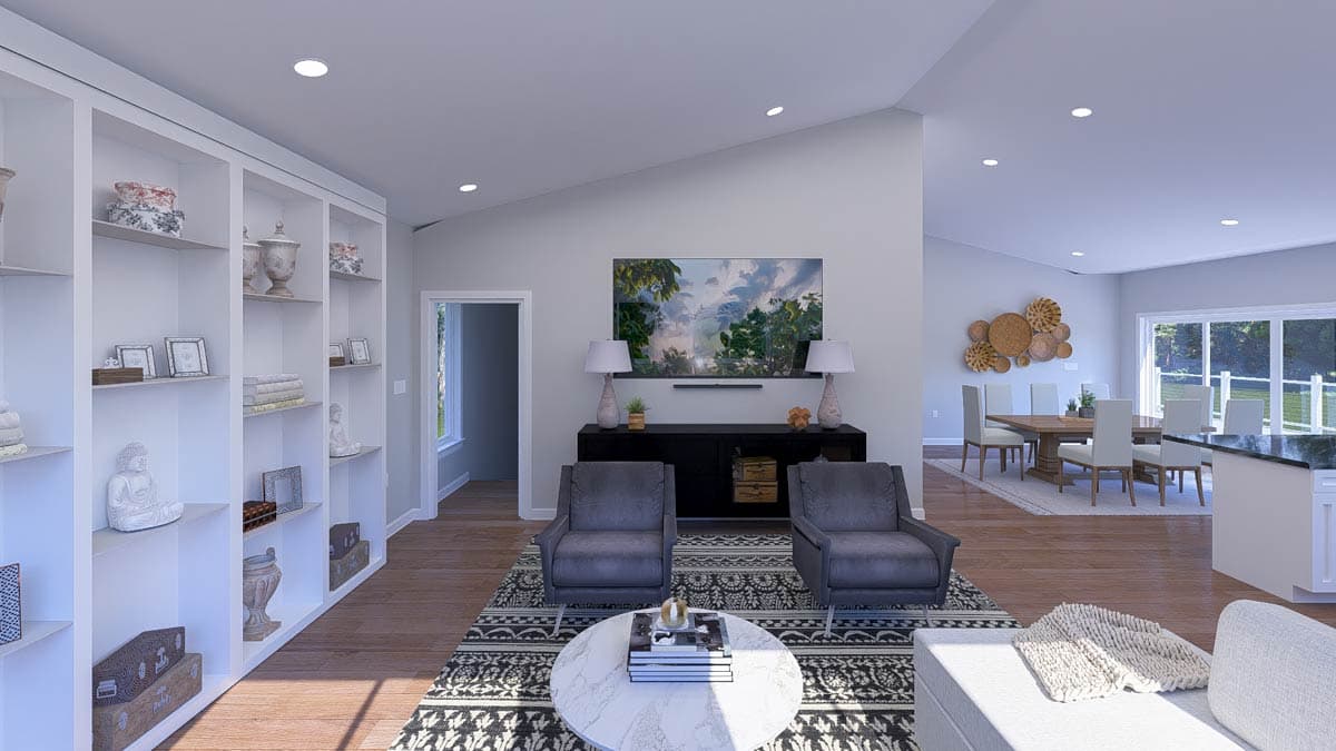 Interior rendering of an open-concept living and dining area featuring vaulted ceilings, built-in shelving, and a dining table.
