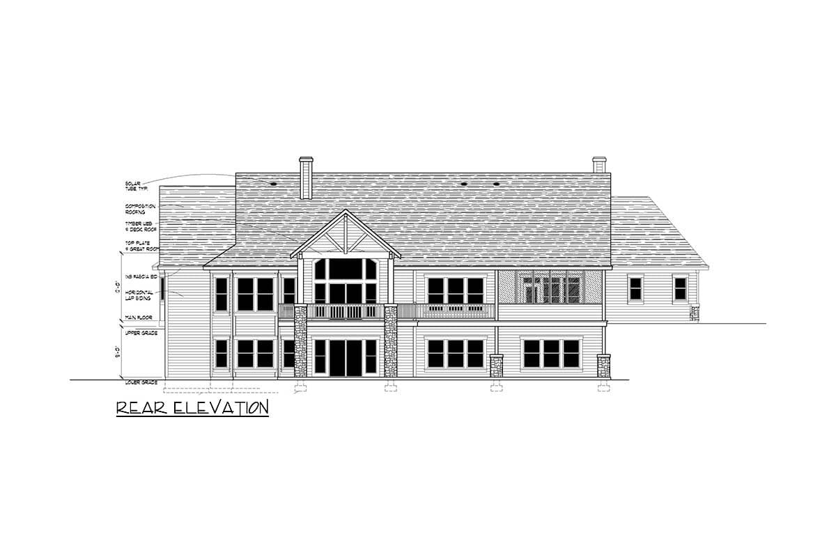 Rear elevation house plan drawing showing multiple stories, gables, balconies, and lap siding.