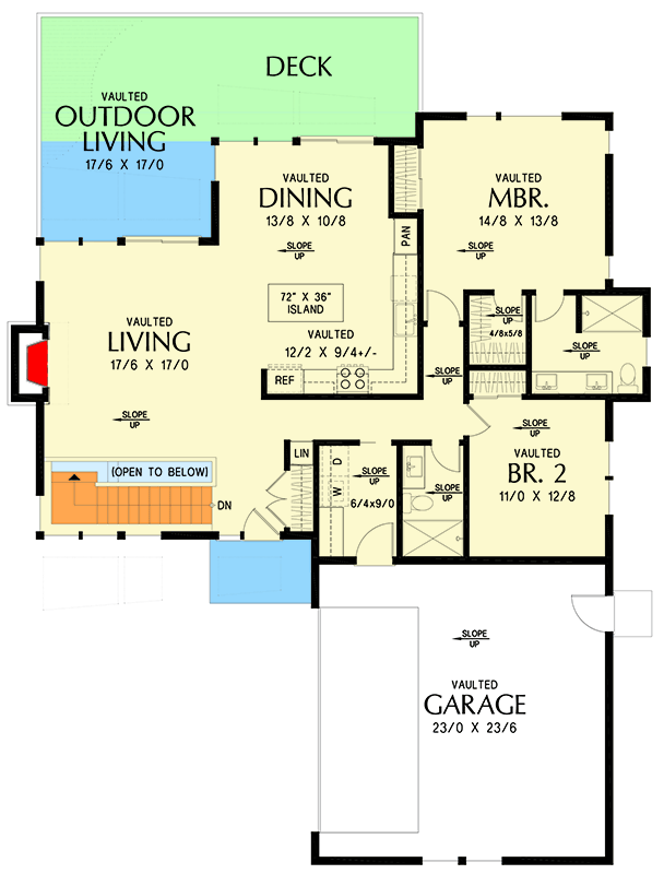 Plan 69899AM: 4-Bed Contemporary House Plan with Vaulted Living Room - 2558 Sq Ft - Floor Plan - Main Level - Contemporary, Prairie