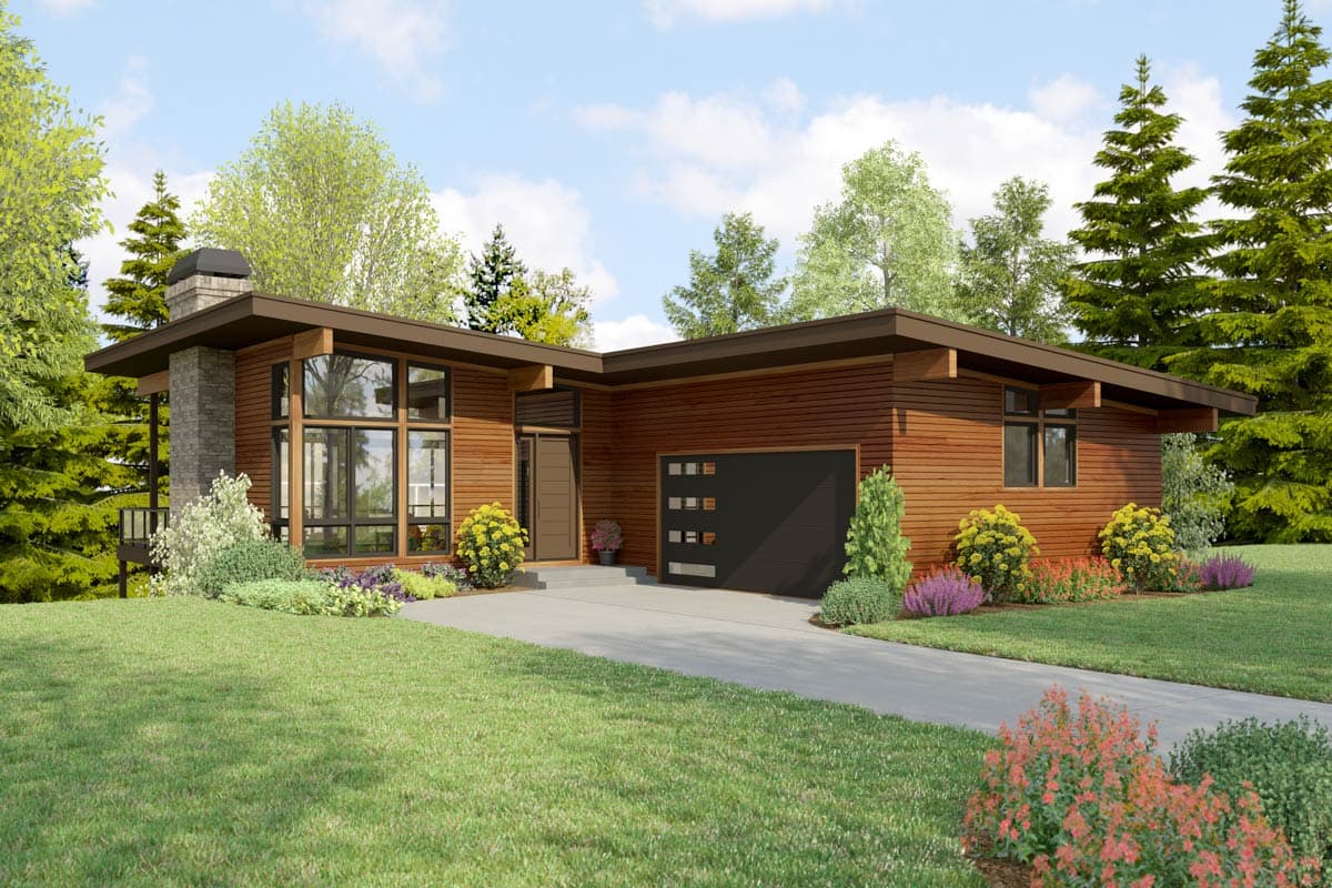 House plan exterior. Modern, one-story home with a flat roof, large windows, wood siding, and an attached garage.