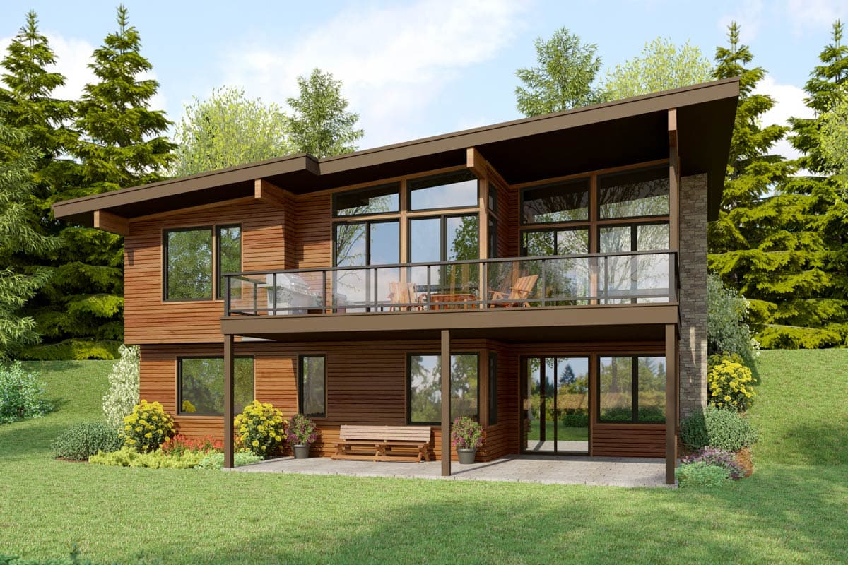 Modern house plan exterior featuring two stories, horizontal wood siding, a cantilevered upper deck with glass railing, and a sloped roof.