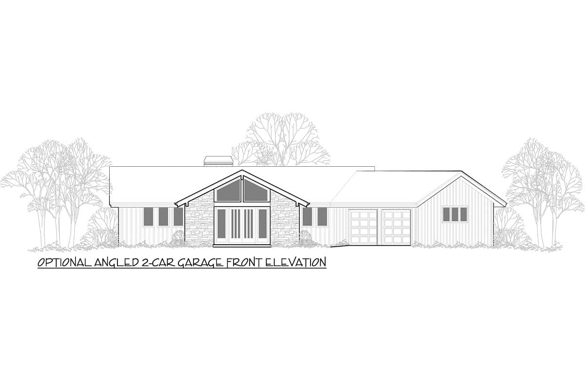 Front elevation drawing of a single-story house plan with an angled 2-car garage, stone-clad entry, and a prominent gable.