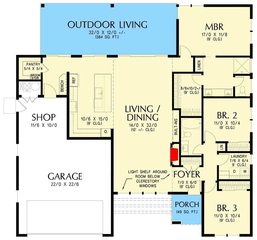 Plan 69901AM: 1-Story Scandinavian-Style 3-Bed House Plan with Garage Workshop - Floor Plan - Main Level - Contemporary, Ranch, Scandinavian