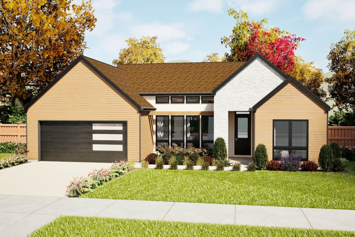 House plan exterior. Modern style with a single story, featuring a shed roof, a garage with horizontal panels, and a mixed siding exterior.