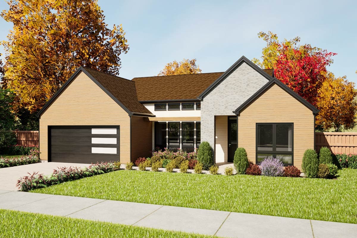 Modern house plan exterior with mixed siding, gabled rooflines, large windows, and a two-car garage.