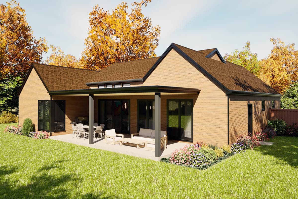 House plan exterior: Modern ranch with covered patio, horizontal siding, and large windows.