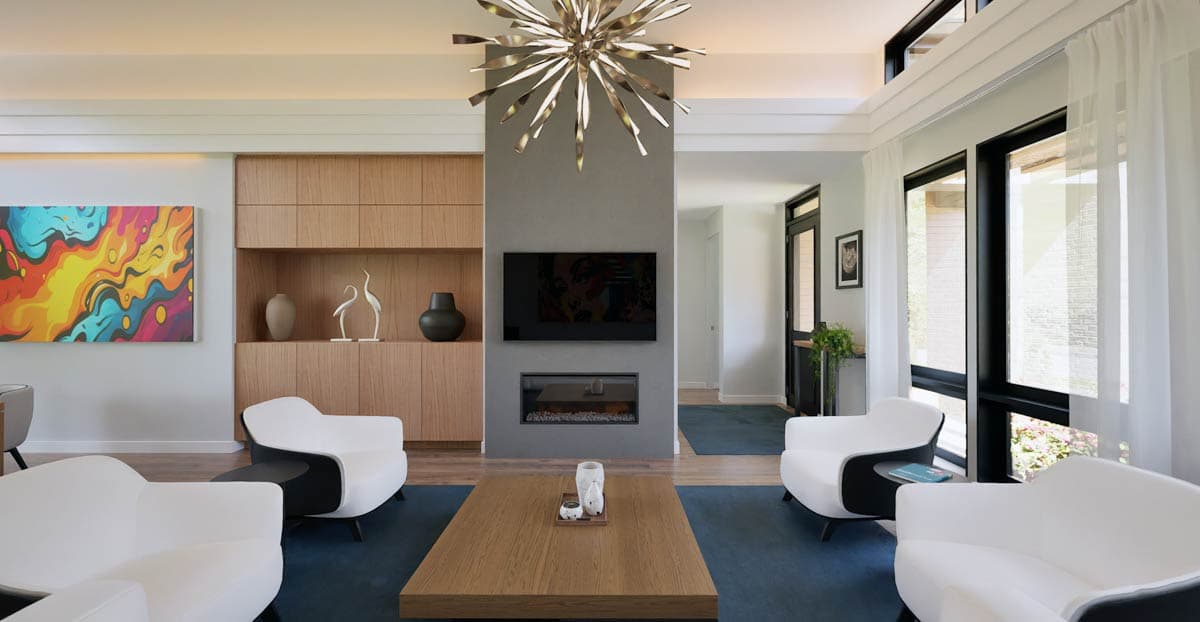 Modern living room with fireplace, mounted TV, wood built-ins, seating, and large windows.