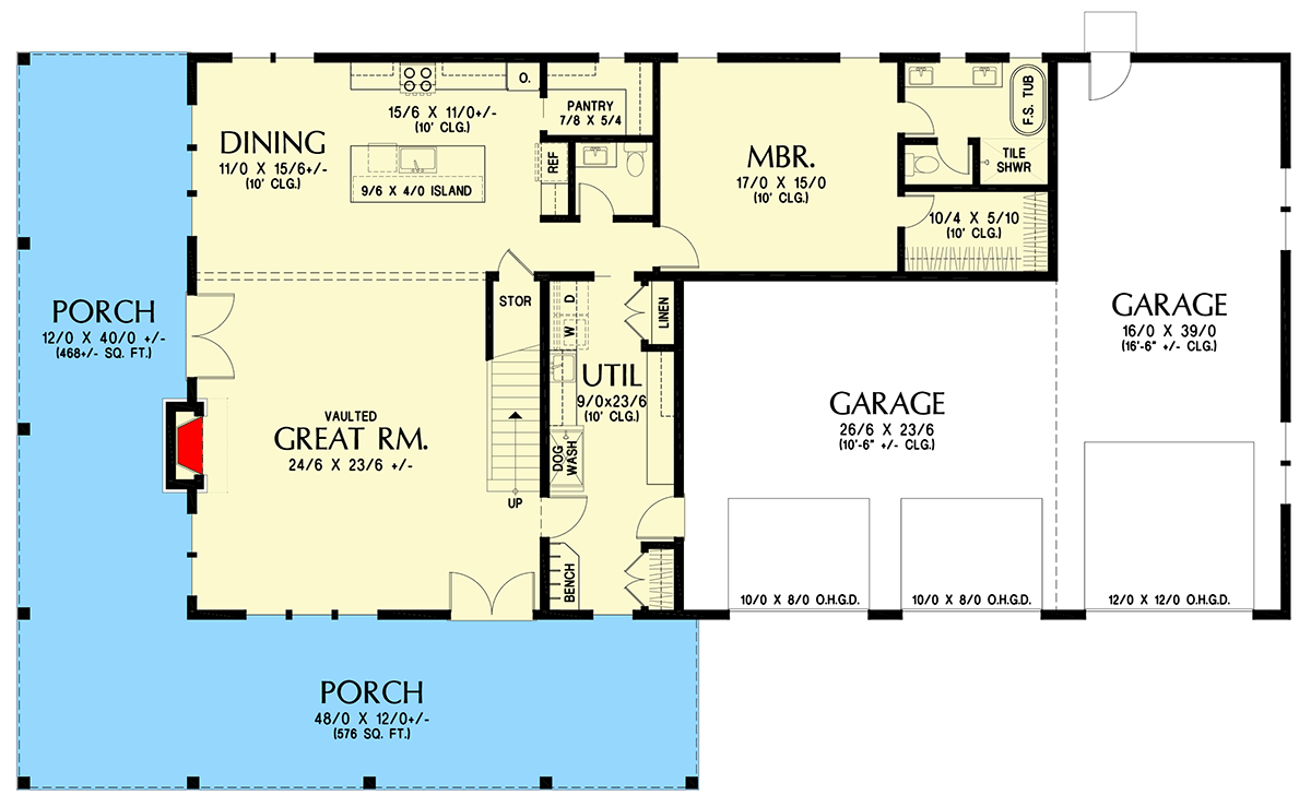Plan 69902AM: 4-Bedroom Barndominium House Plan with 2-Story Great Room - 3379 Sq Ft - Floor Plan - Main Level - Barndominium, Modern Farmhouse