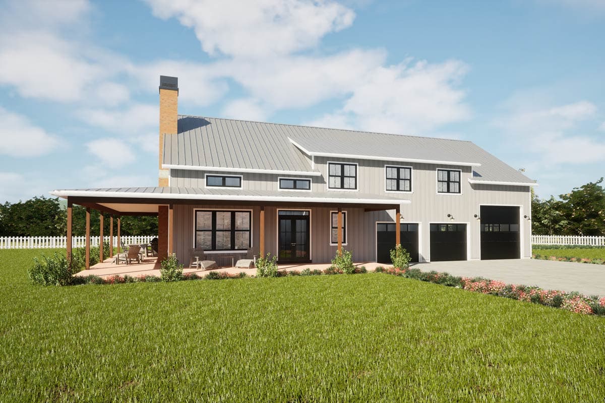 House plan exterior. Modern Farmhouse style, two-story home with a covered porch, gabled roofline, and attached two-car garage.