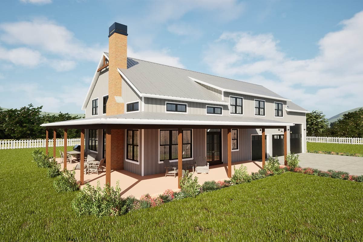 Modern Farmhouse house plan exterior, two stories, with covered porch, prominent brick chimney, and attached garage.