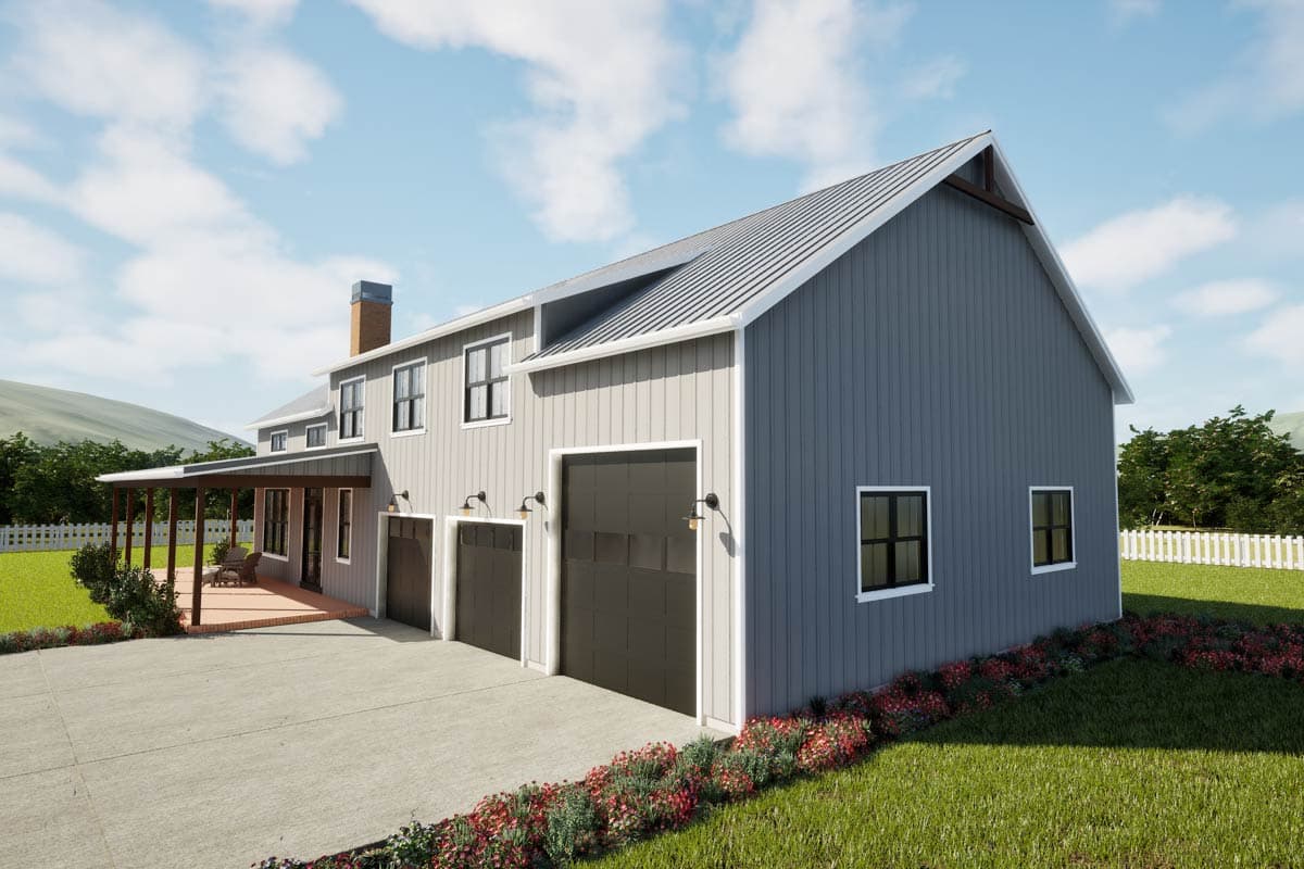 House plan exterior shows a two-story Modern Farmhouse with vertical siding, metal roof, covered porch, and a three-car garage.