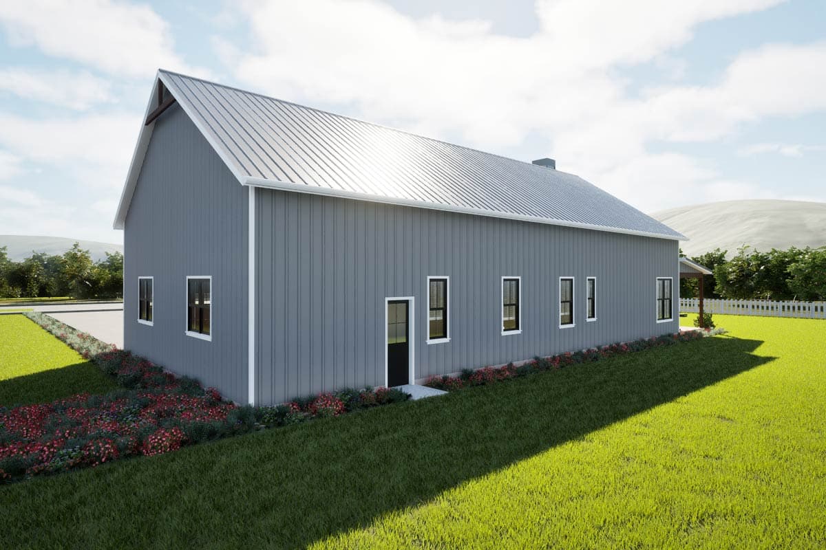 House plan exterior: Modern style with gray metal siding, gabled roof, and multiple windows.