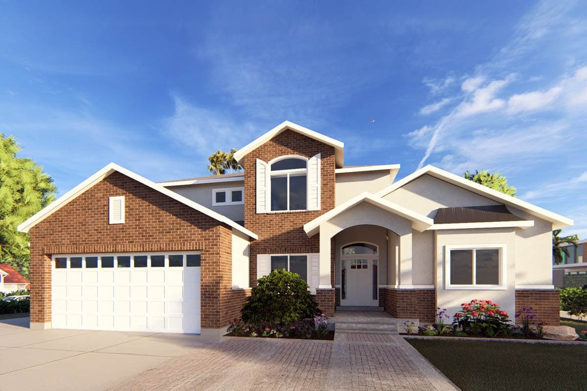 House plan exterior. Two-story home with brick facade, gable roof, and attached garage. Includes arched entry and multiple windows.