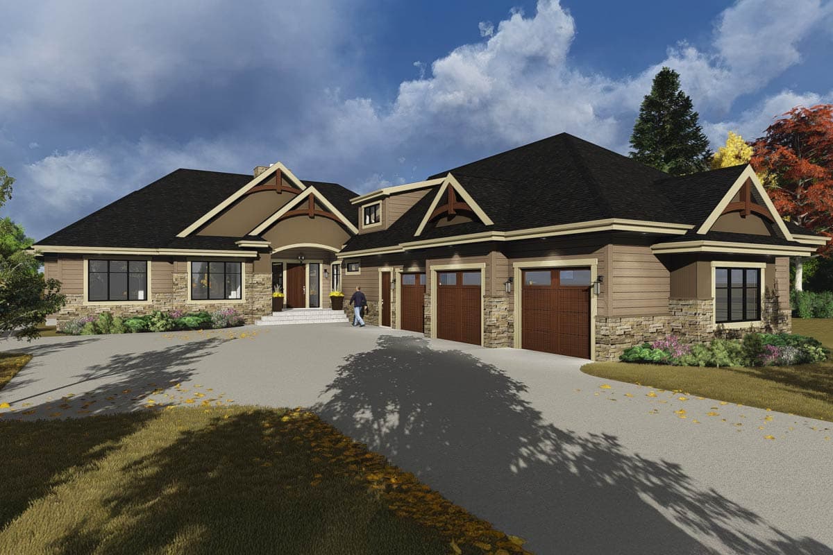 House plan exterior featuring a Craftsman style, single story, with gable rooflines, stone accents, and a three-car garage.