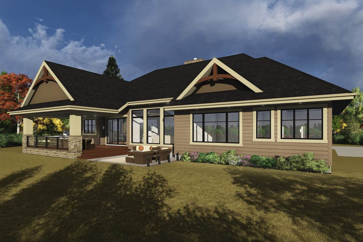 House plan exterior: Modern Ranch style, one story, with a covered porch, stone accents, and large windows.