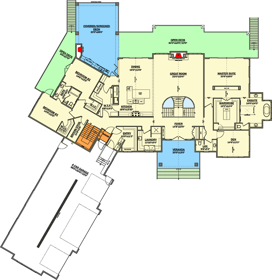 Plan 81861AB: 3-Bed Mountain House Plan with Oversized Angled 4-Car Garage and Optional Lower Level - 3951 Sq Ft - Floor Plan - Main Level - Mountain, Northwest