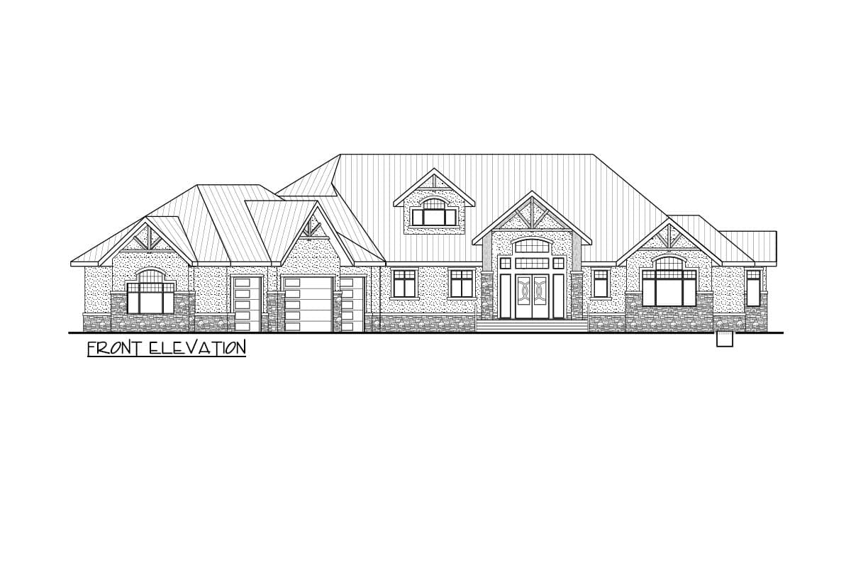 Front elevation drawing of a large, multi-level house plan featuring a prominent entrance, gabled dormers, and attached garages.