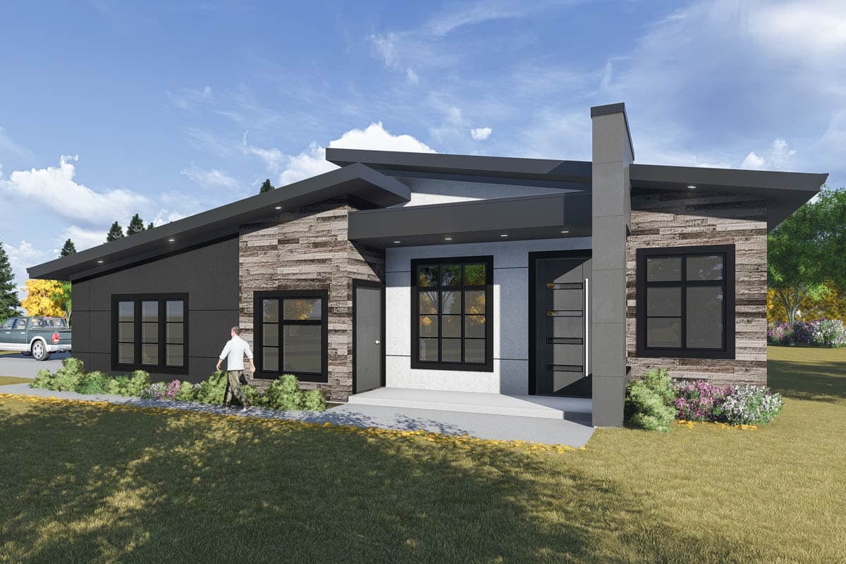 House plan exterior. Modern style, one-story home with a flat roof, stone and dark siding, and a covered entry.