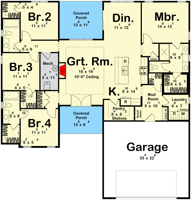 Plan 623498DJ: 4-Bed Country Ranch House Plan with Rear Covered Porch - 1889 Sq Ft - Floor Plan - Main Level - Country, Ranch, Traditional