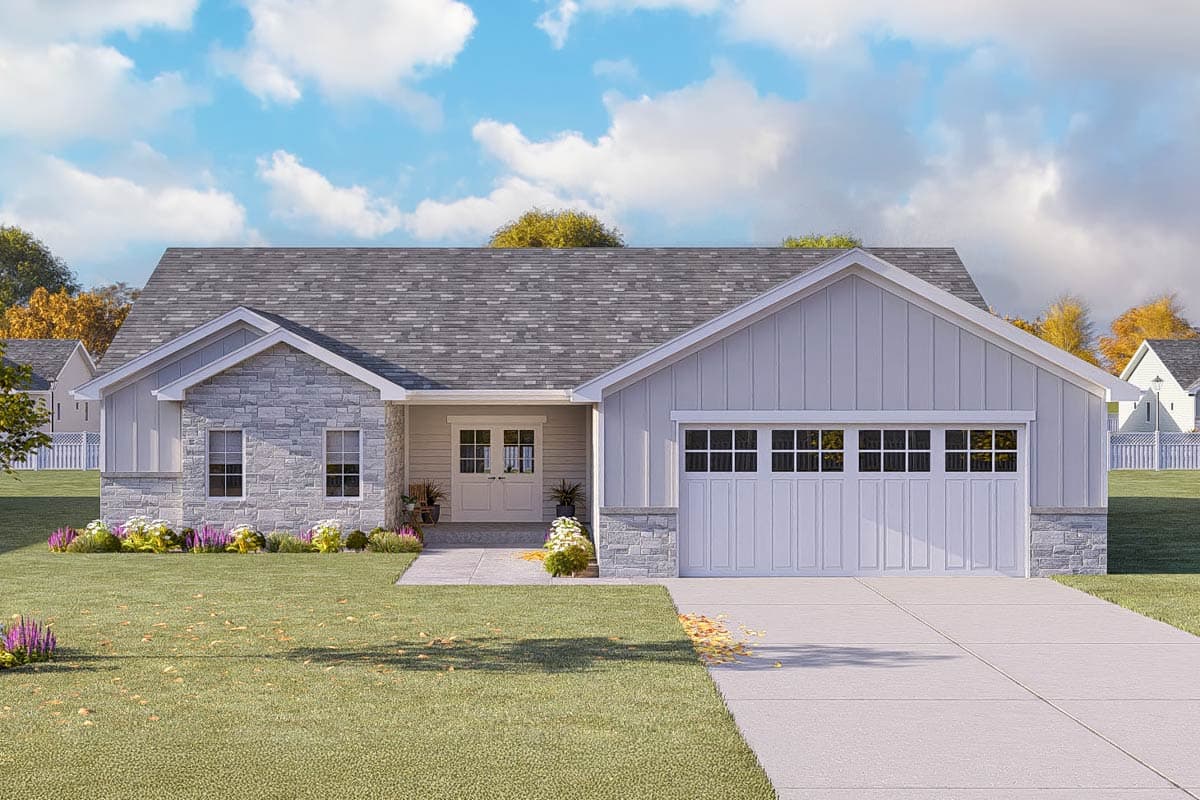 House plan exterior. Modern Farmhouse style with a single story, stone accents, gabled roof, and a two-car garage.