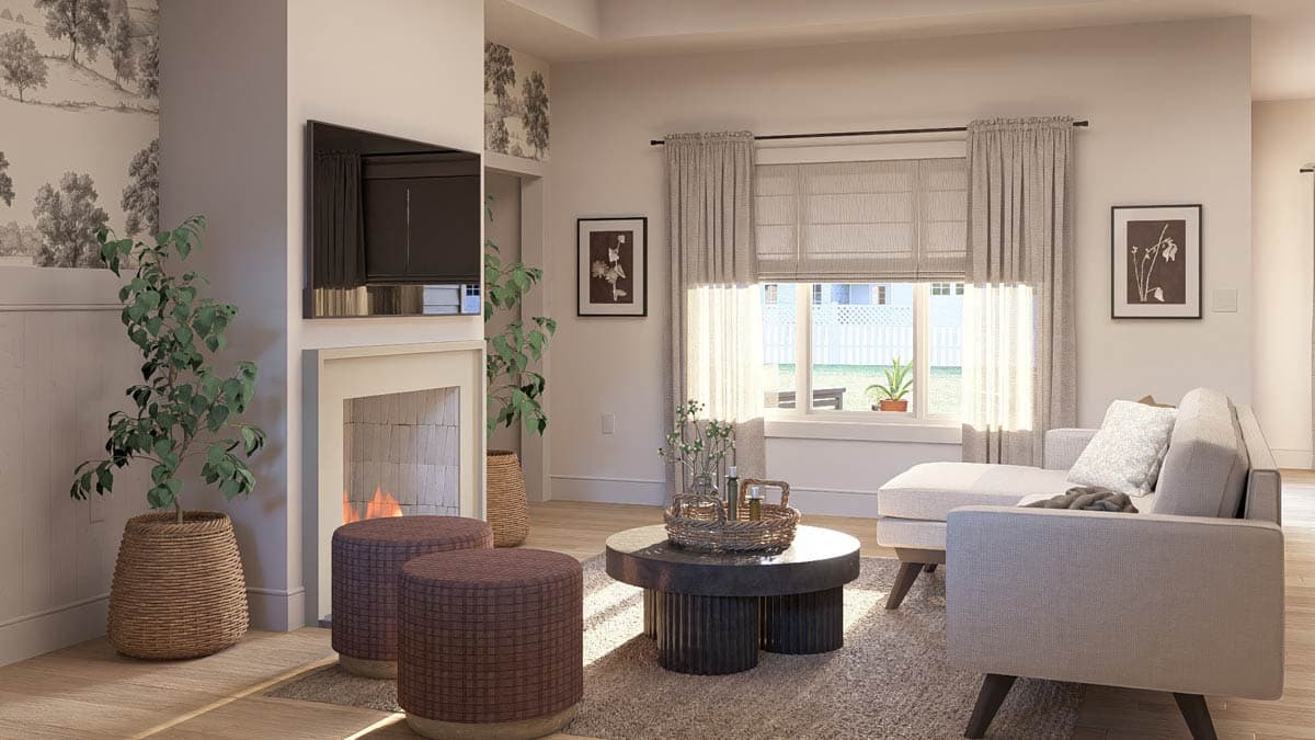 Living room rendering with fireplace, TV, chaise sofa, round coffee table, and large window with curtains.