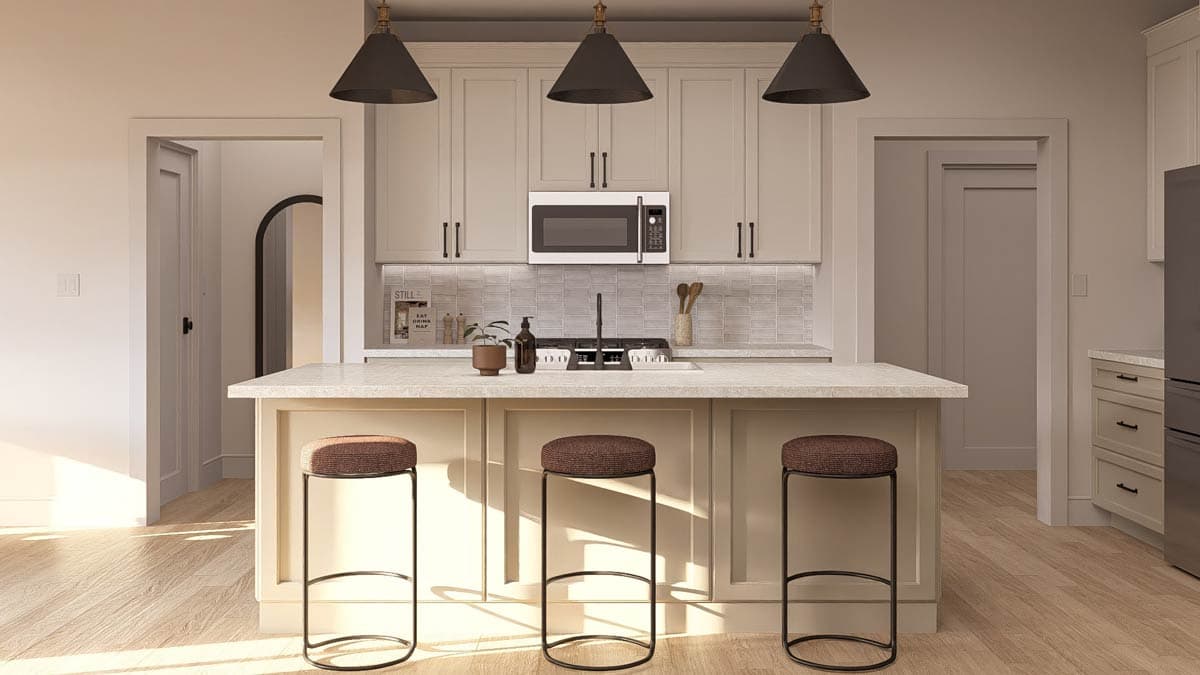 Kitchen interior with island, light cabinetry, subway tile backsplash, pendant lights, and three stools.