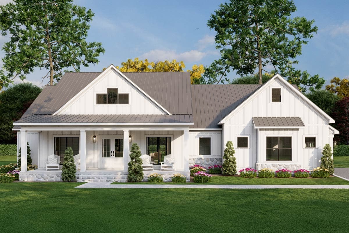 House plan exterior. Modern farmhouse style with gabled roof, covered front porch with columns, and stone accents at foundation.