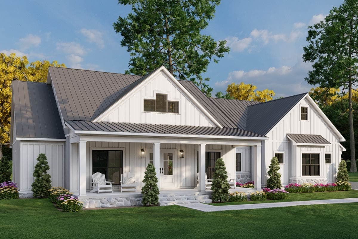 Modern Farmhouse house plan exterior with a wide covered porch, board and batten siding, and a metal gable roof.