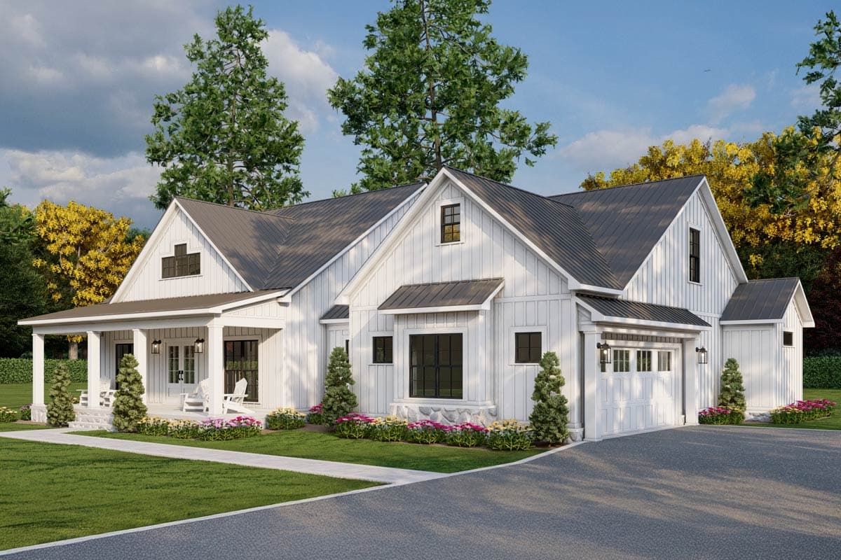 Modern Farmhouse house plan exterior, 1 story, featuring a covered front porch, board and batten siding, and a side-entry garage.